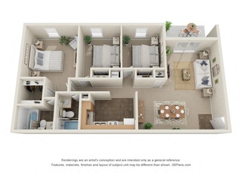 Floor plan for 3 beds, 2 baths, 1255 sqft